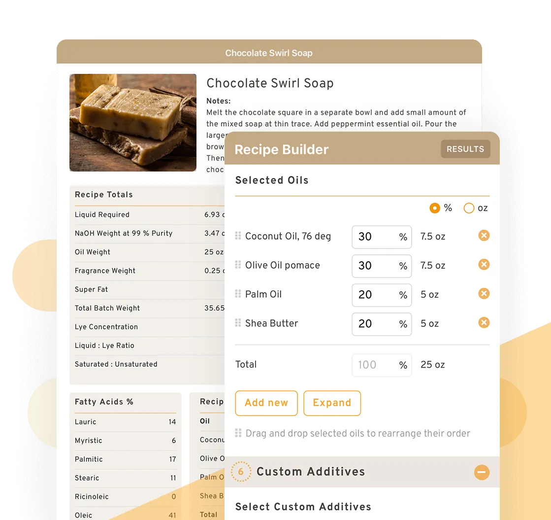 Soapmaking Friend app screenshots showing recipe builder, inventory, and batch management